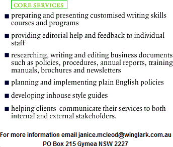 Core Services: customised writing skills; editorial help; researching planning and implementing plain English policies.
email; janice.mcmeod@winglark.com.au  PO Boc 215 Gymea NSW 2227